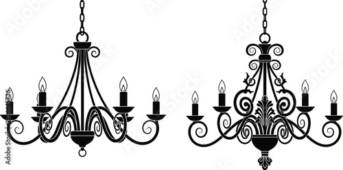 Vintage chandelier silhouette set isolated on white background representing elegant lighting fixture, classic interior decor, ornamental ceiling lamp, luxury home design illustration