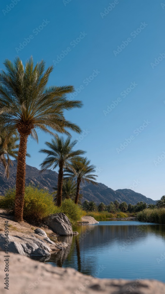 Obraz premium Tranquil Desert Oasis Surrounded by Palm Trees and Serene Waters in Bright Sky