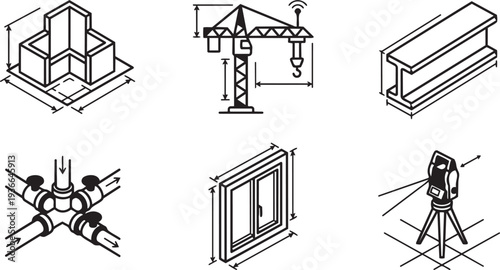 BIM Construction Technology, 3D Architectural Modeling and Digital Building Systems Minimalist Mono-line Icon Set Vector Illustration