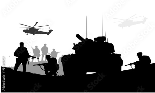 Black silhouette of military tanks, soldiers, and attack helicopters in intense battlefield combat scene, perfect for war, army operations, armored conflict, editorial, and graphic design projects