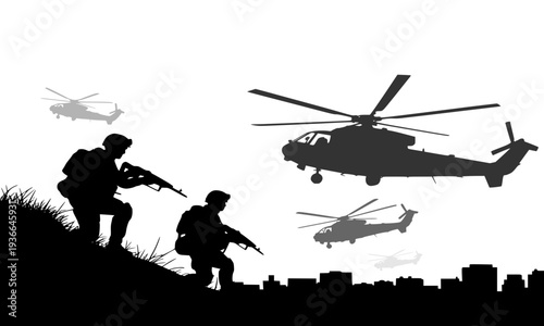 Black silhouette of armed military soldiers in combat stance with attack helicopters flying over city, perfect for war, conflict, army operations, editorial, and graphic design projects