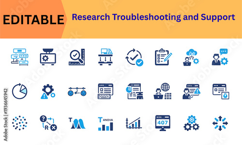 Technical research support and troubleshooting ui design icons. Workflow management, scale, document, cloud sync, messaging, information, gear