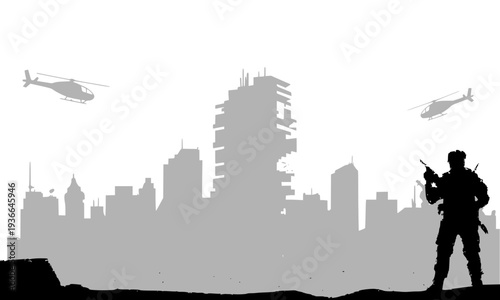 Gray silhouette of armed soldier standing before destroyed city skyline with military helicopters, ideal for war, conflict, post-apocalyptic concept, editorial, and graphic design projects