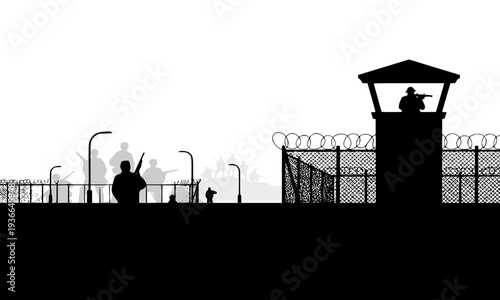  Dark silhouette of prison guard tower with barbed wire fence and security personnel against white sky, ideal for crime, military, border security, and justice concept designs