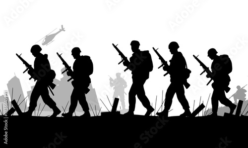  Black silhouette of military soldiers marching in line with weapons through ruined battlefield landscape, perfect for war, army, history, veteran tribute, and graphic design projects