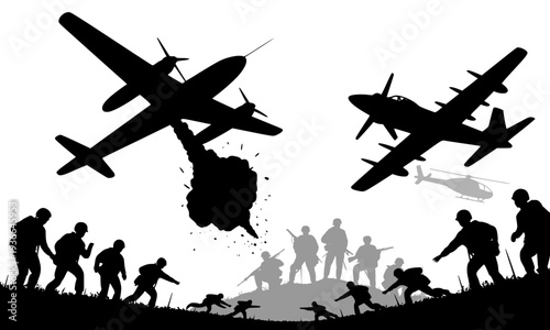 Dramatic black silhouette of military aircraft and soldiers in combat battle scene with explosion, perfect for war history, conflict concept, editorial, and graphic design projects