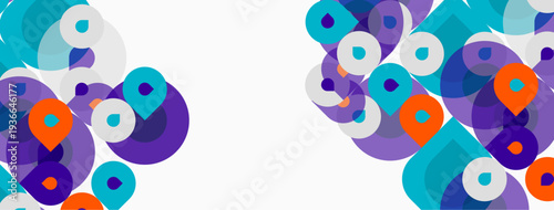 Abstract circles, purple, teal, orange hues dominate composition. Minimalist design, clean background creates visual balance.
