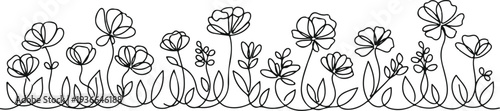 Continuous line drawing of wild flowers meadow floral border minimalist botanical art