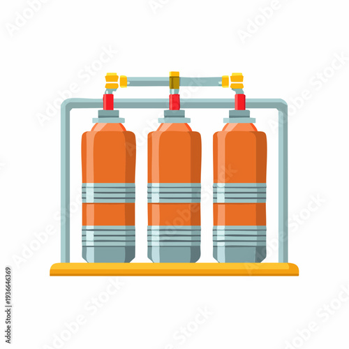 Graphic illustration of three industrial tanks connected with pipes and valves