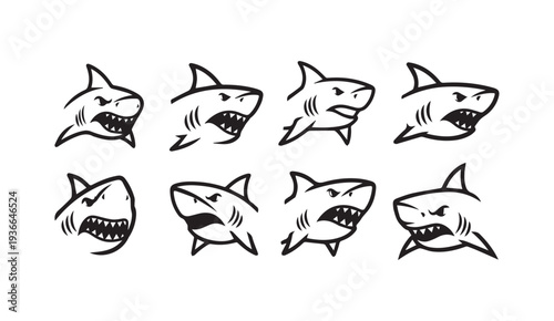 Set of Shark Icons with Open Mouths and Teeth Black and White Line Art Stock Graphics