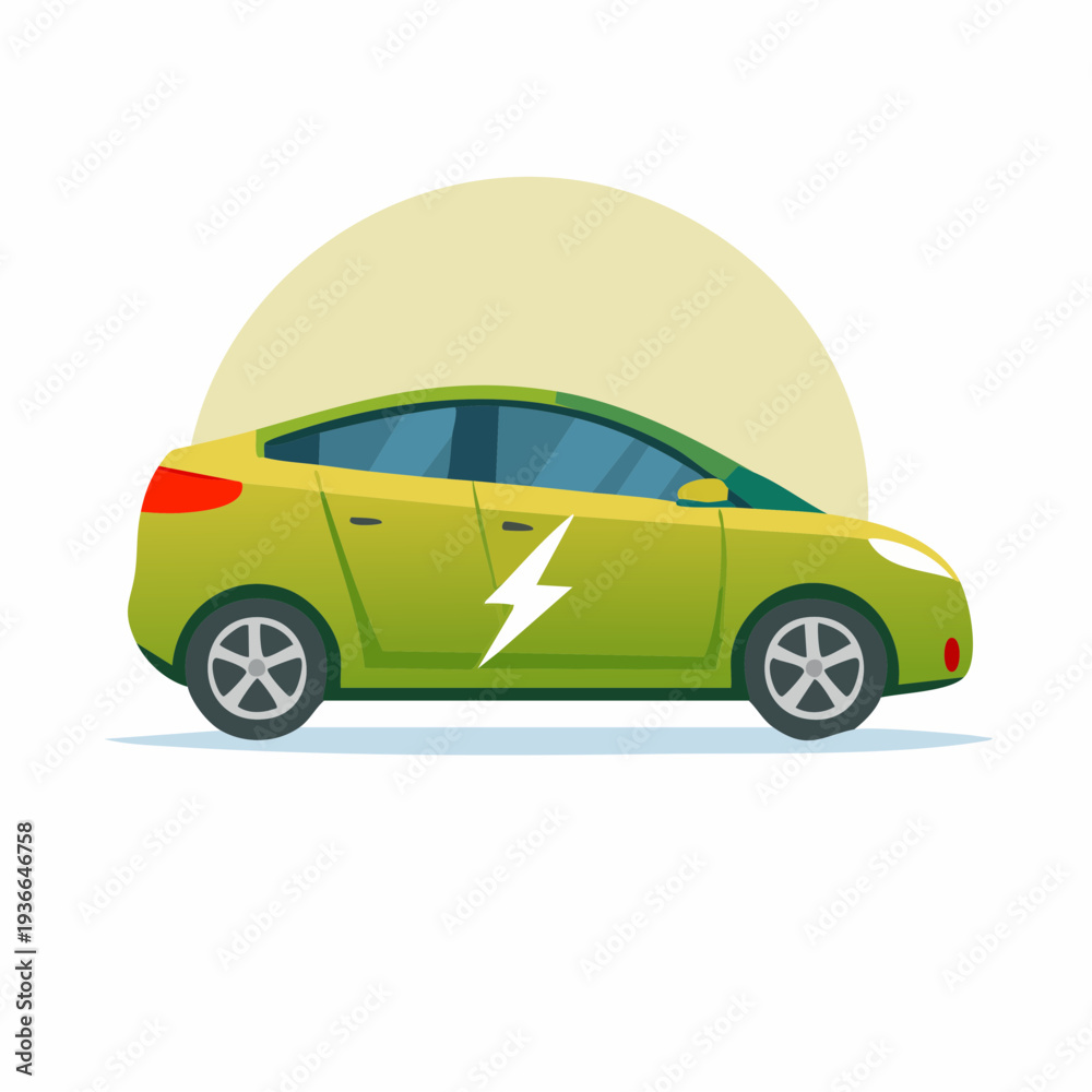 Obraz premium Cartoon electric car with lightning bolt symbol, eco-friendly green vehicle illustration