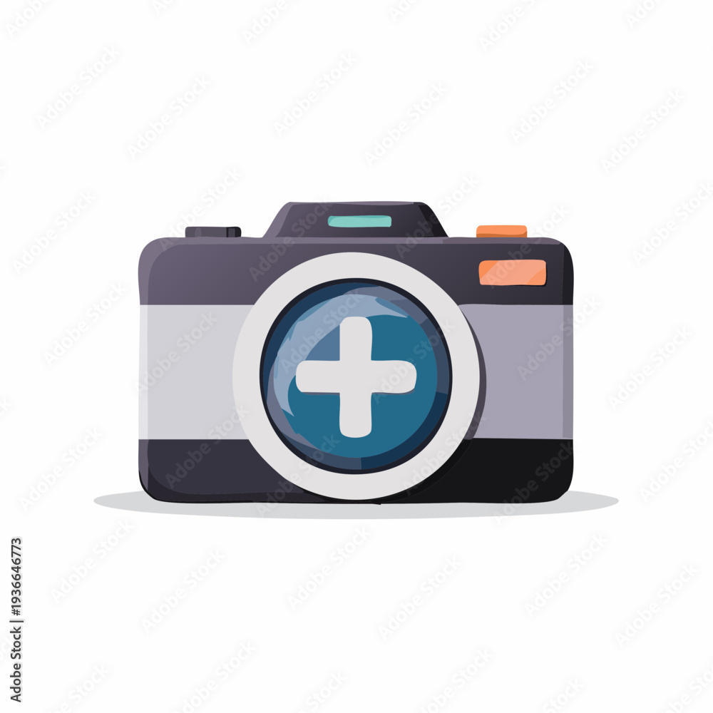 Fototapeta premium Camera with plus sign icon on the lens, cartoon digital artwork