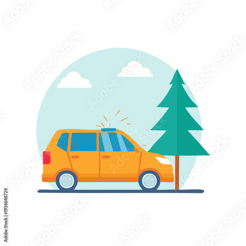Cartoon car accident with tree and flashing light illustration