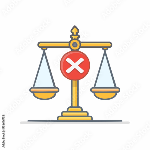 Scales of justice with red X symbol, failure or incorrect concept.