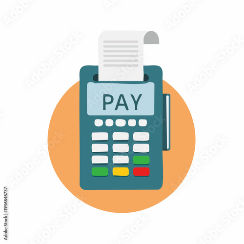 Payment terminal and receipt illustration against an orange circle