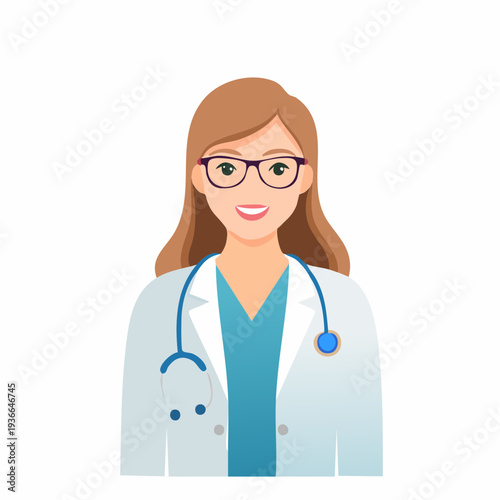 Smiling female doctor wearing glasses and stethoscope, medical professional portrait, healthcare worker, cartoon illustration.