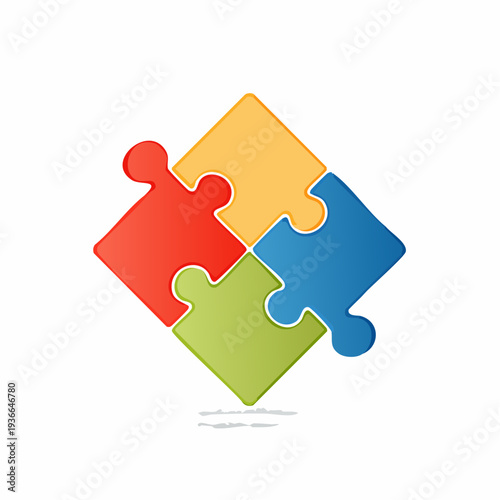 Colorful four piece puzzle elements assembled in a diamond shape symbol concept.