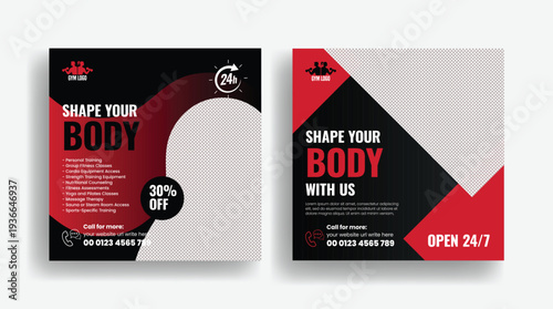 Gym Fitness Workout Social Media Post and Square Flyer Poster Marketing Template for Personal Trainer, Fitness Club Promotion, Bodybuilding Sport Training Banner Ads and Web Banner Advertising Design