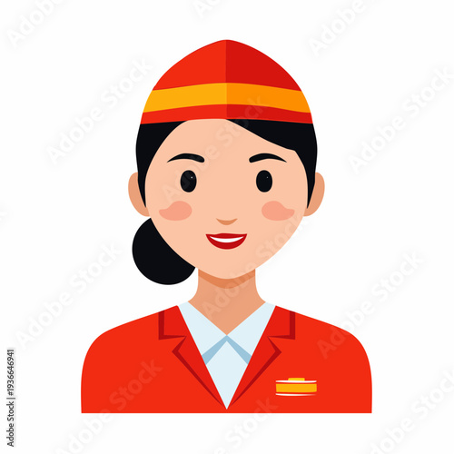 Cartoon portrait of a smiling woman in a red uniform and hat