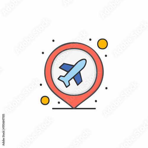 Airplane in a location pin with star elements, travel destination concept.