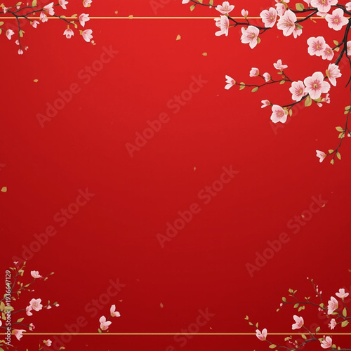 Red beautiful background with cherry blossom branches and Chinese lanterns