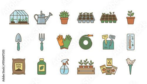 Gardening icons set with various tools and plants.