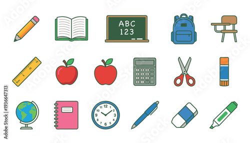 Colorful school supplies and stationery icons set.