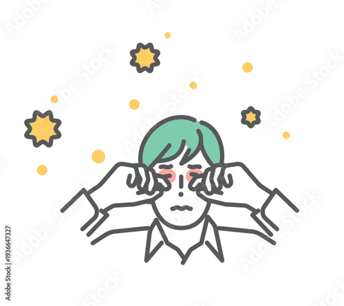 シンプル　イラスト　花粉症で目がかゆくて目をこする日本人男性のイメージ ベクターイラスト