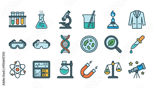 Collection of science and laboratory icons representing various scientific disciplines and experiments.