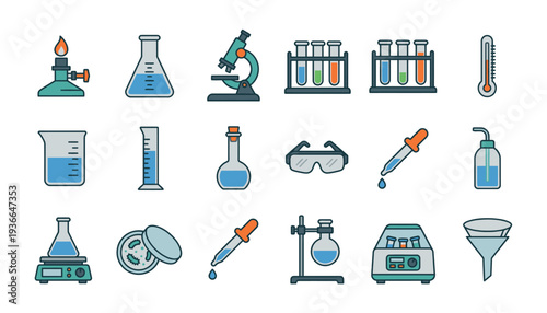 Laboratory equipment icons set for science and research.