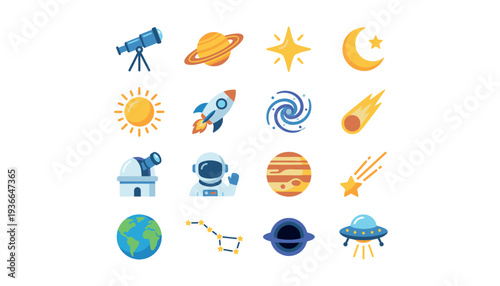 Collection of astronomy and space exploration icons.