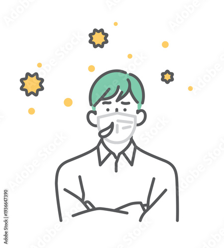 シンプル　イラスト　花粉対策でマスクを着用する日本人男性のイメージ ベクターイラスト