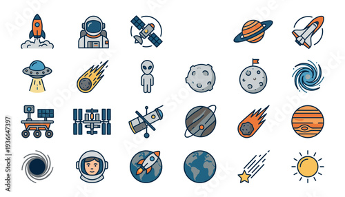 Collection of Space and Astronomy Icons Featuring Planets and Satellites.