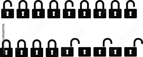 Padlock icons set, locked and unlocked, security symbols, privacy protection, access control, digital safety, silhouette collection, pattern sequence, technology