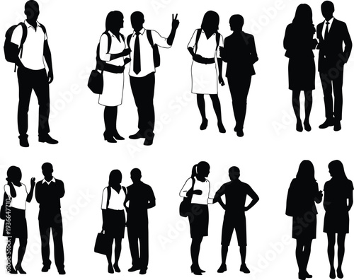 Vector illustration of stylized human silhouettes in social interaction poses symbolizing communication, identity, culture, tradition, and education