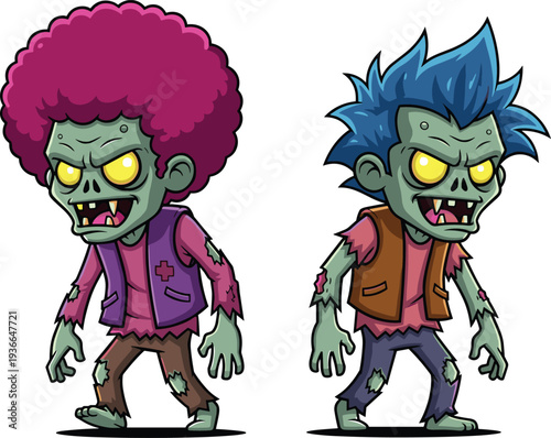 Scary Halloween character mega collection bundle featuring creepy jester clowns with pumpkins, muscular undead zombies, female ghouls on chairs, and zombie teacher with student isolated.