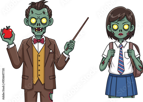 Scary Halloween character collection set featuring creepy jester clowns with pumpkins, muscular undead zombies, female ghouls on chairs, and zombie teacher with student isolated.