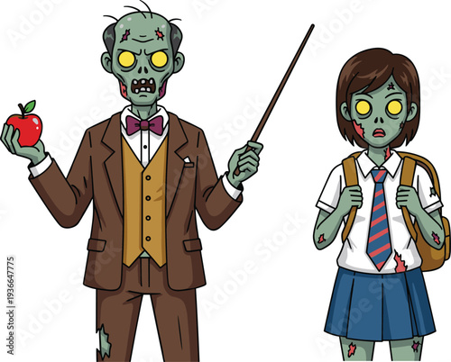 Scary Halloween character collection featuring creepy jester clowns with pumpkins, muscular undead zombies, spooky female ghouls on chairs, and zombie teacher with student isolated.