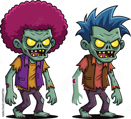 Large Halloween character collection featuring scary jester clowns with pumpkins, muscular undead zombies, female ghouls on chairs, and a zombie teacher with student isolated.