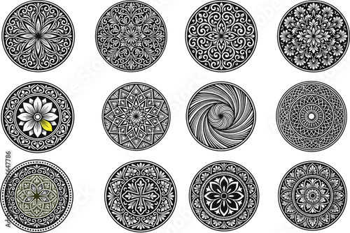 Intricate mandala designs, black and white mandalas, floral geometric abstract patterns, meditation art, decorative circular motifs, spiritual symmetry artwork