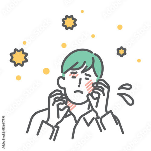 シンプル　イラスト　花粉症で肌がかゆくなる日本人男性のイメージ ベクターイラスト
