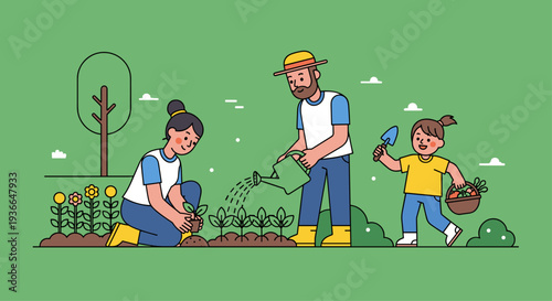 Family Gardening Together Planting and Watering Plants Vector Illustration