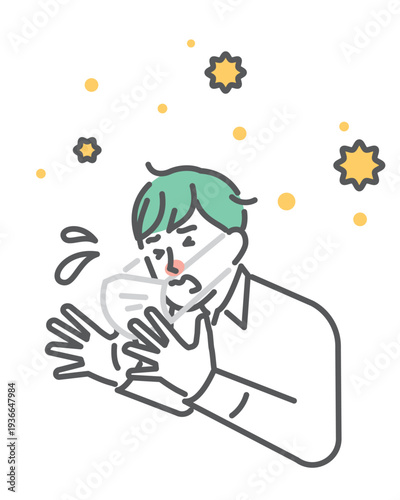 シンプル　イラスト　花粉症でくしゃみをするマスク姿の日本人男性のイメージ ベクターイラスト