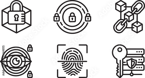 Cybersecurity, Blockchain Technology and Biometric Authentication Minimalist Mono-line Icon Set Vector Illustration
