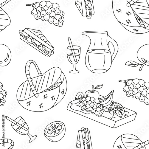Vector seamless image with picnic items in doodle style. Food elements for wallpaper and packaging.