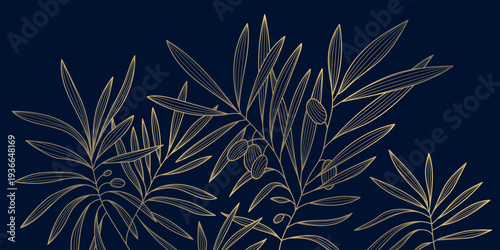 Botanical olive tree illustration, hand drawn branches and leaves in elegant line art. Vintage vector design, gold on blue, food packaging, olive oil label, rustic branding, farm banner.