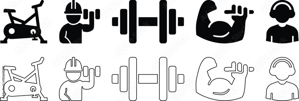 Fototapeta premium Fitness Gym Workout Training and Bodybuilding Minimalist Line and Solid Vector Icon Set
