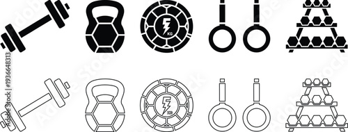Gym Fitness Equipment Vector Icons Set with Dumbbell Kettlebell Weight Plate and Rings