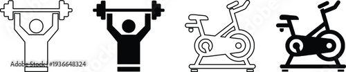Fitness and Gym Icons Set of Bodybuilder Lifting Barbell and Stationary Exercise Bike Vector