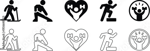 Fitness Workout and Gym Exercise Vector Icon Set with Training Activities